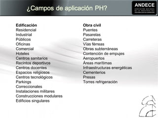 Edificación
Residencial
Industrial
Públicos
Oficinas
Comercial
Hoteles
Centros sanitarios
Recintos deportivos
Centros docentes
Espacios religiosos
Centros tecnológicos
Parkings
Correccionales
Instalaciones militares
Construcciones modulares
Edificios singulares
Obra civil
Puentes
Pasarelas
Carreteras
Vías férreas
Obras subterráneas
Contención de empujes
Aeropuertos
Áreas marítimas
Infraestructuras energéticas
Cementerios
Presas
Torres refrigeración
 