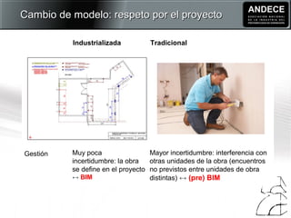 Cambio de modelo: respeto por el proyectoCambio de modelo: respeto por el proyecto
Industrializada Tradicional
Gestión Muy poca
incertidumbre: la obra
se define en el proyecto
↔ BIM
Mayor incertidumbre: interferencia con
otras unidades de la obra (encuentros
no previstos entre unidades de obra
distintas) ↔ (pre) BIM
 