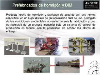 ProductoProducto hecho de hormigónhormigón y fabricado de acuerdo con una normanorma
específica, en un lugar distinto de su localización final de usolugar distinto de su localización final de uso, protegidoprotegido
de las condiciones ambientales adversas durante la fabricación y que
es resultado de un proceso industrialproceso industrial bajo un sistema de controlcontrol de
producción en fábrica, con la posibilidad de acortar los plazosacortar los plazos de
entrega
 