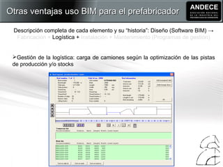 Descripción completa de cada elemento y su “historia”: Diseño (Software BIM) →
Fabricación + Logística + Instalación + Mantenimiento (Programas de gestión)
Gestión de la logística: carga de camiones según la optimización de las pistas
de producción y/o stocks
Otras ventajas uso BIM para el prefabricadorOtras ventajas uso BIM para el prefabricador
 