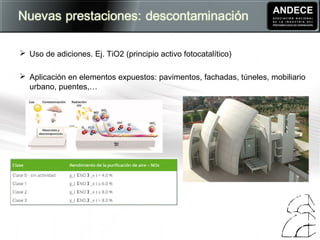  Uso de adiciones. Ej. TiO2 (principio activo fotocatalítico)
 Aplicación en elementos expuestos: pavimentos, fachadas, túneles, mobiliario
urbano, puentes,…
Iglesia Dives in Misericordia (Roma)
 