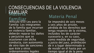 CONSECUENCIAS DE LA VIOLENCIA
FAMILIARMateria
familiarArtículo 650 Ley para la
Familia: Los integrantes
de la familia que incurran
en violencia familiar,
deberán reparar los daños
y perjuicios que se
ocasionen con dicha
conducta, con autonomía
de otro tipo de sanciones
que éste y otros
ordenamientos legales
Materia Penal
Se impondrá de seis meses
a seis años de prisión,
pérdida de los derechos que
tenga respecto de la víctima,
incluidos los de carácter
sucesorio y, en su caso,
como medida de seguridad,
a juicio del juez, prohibición
de ir a lugar determinado o
de residir en él hasta por un
tiempo igual al de la pena
 