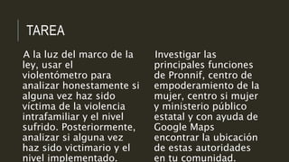 TAREA
A la luz del marco de la
ley, usar el
violentómetro para
analizar honestamente si
alguna vez haz sido
víctima de la violencia
intrafamiliar y el nivel
sufrido. Posteriormente,
analizar si alguna vez
haz sido victimario y el
nivel implementado.
Investigar las
principales funciones
de Pronnif, centro de
empoderamiento de la
mujer, centro si mujer
y ministerio público
estatal y con ayuda de
Google Maps
encontrar la ubicación
de estas autoridades
en tu comunidad.
 