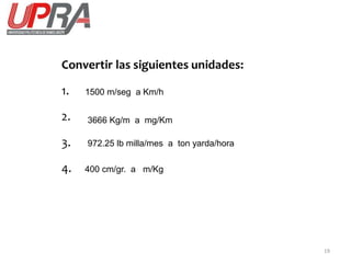 19
1500 m/seg a Km/h
3666 Kg/m a mg/Km
972.25 lb milla/mes a ton yarda/hora
400 cm/gr. a m/Kg
 
