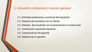 3. Actuación profesional y función general
3.1. Actividad profesional y comercial del arquitecto
3.2. Deberes del arquitecto con su cliente
3.3. Deberes del arquitecto con el personal de la construcción
3.4. Contribución social del arquitecto
3.5. Características del gerente
3.6. Deberes de un gerente
 