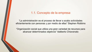 1.1. Concepto de la empresa
“La administración es el proceso de llevar a acabo actividades
eficientemente con personas y por medio de ellas” Stephen Robbins
“Organización social que utiliza una gran variedad de recursos para
alcanzar determinados objetivos” Idalberto Chiavenato
 