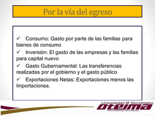 Por la vía del egreso
 Consumo: Gasto por parte de las familias para
bienes de consumo
 Inversión: El gasto de las empresas y las familias
para capital nuevo
 Gasto Gubernamental: Las transferencias
realizadas por el gobierno y el gasto público
 Exportaciones Netas: Exportaciones menos las
Importaciones.
 