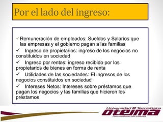 Por el lado del ingreso:
Remuneración de empleados: Sueldos y Salarios que
las empresas y el gobierno pagan a las familias
 Ingreso de propietarios: ingreso de los negocios no
constituidos en sociedad
 Ingreso por rentas: ingreso recibido por los
propietarios de bienes en forma de renta
 Utilidades de las sociedades: El ingresos de los
negocios constituidos en sociedad
 Intereses Netos: Intereses sobre préstamos que
pagan los negocios y las familias que hicieron los
préstamos
 