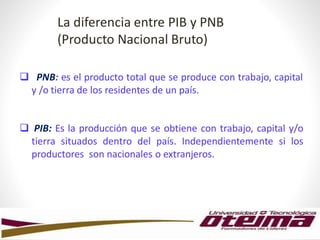  PNB: es el producto total que se produce con trabajo, capital
y /o tierra de los residentes de un país.
 PIB: Es la producción que se obtiene con trabajo, capital y/o
tierra situados dentro del país. Independientemente si los
productores son nacionales o extranjeros.
La diferencia entre PIB y PNB
(Producto Nacional Bruto)
 