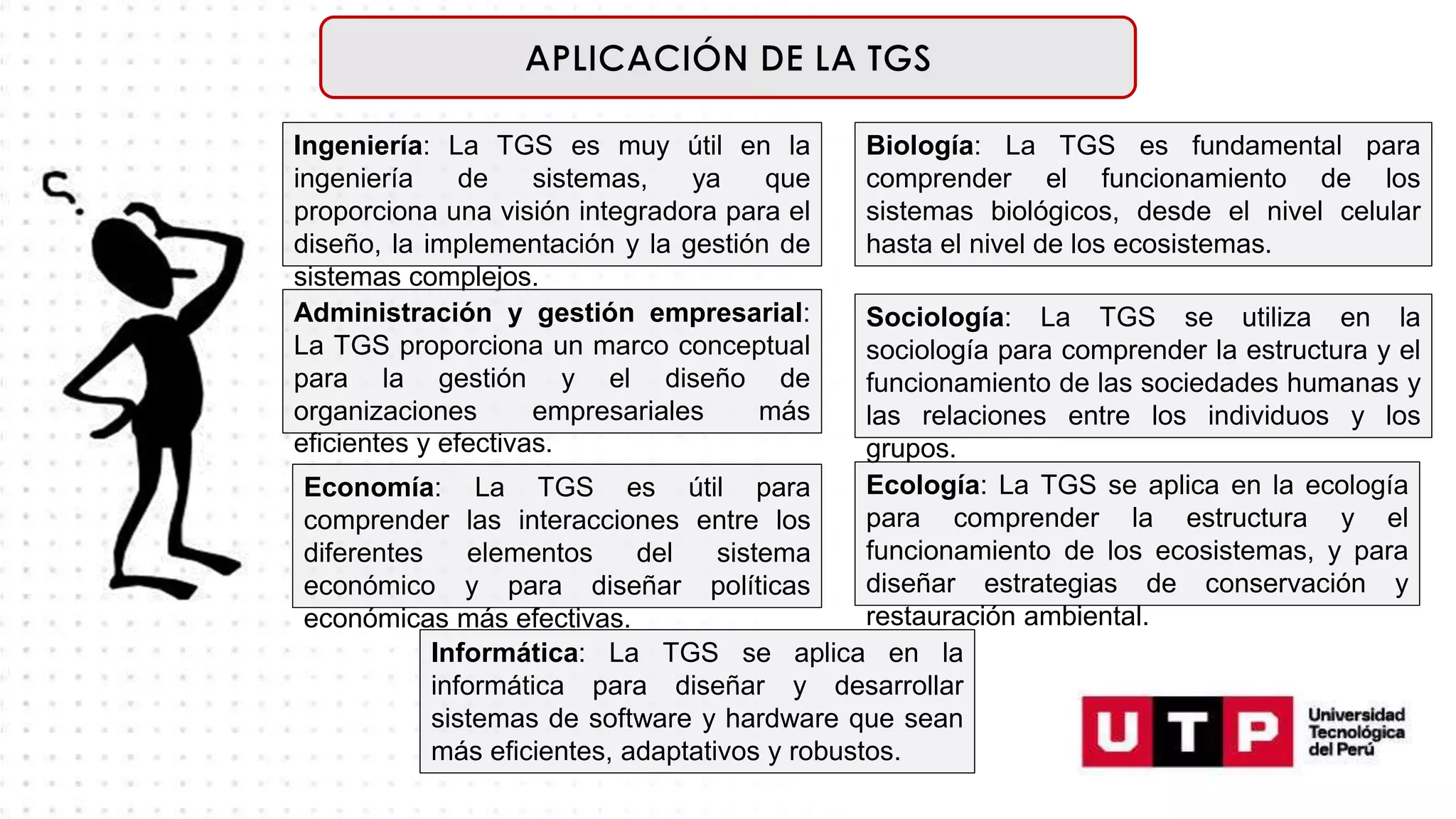 Ingeniería: La TGS es muy útil en la
ingeniería de sistemas, ya que
proporciona una visión integradora para el
diseño, la implementación y la gestión de
sistemas complejos.
Biología: La TGS es fundamental para
comprender el funcionamiento de los
sistemas biológicos, desde el nivel celular
hasta el nivel de los ecosistemas.
Informática: La TGS se aplica en la
informática para diseñar y desarrollar
sistemas de software y hardware que sean
más eficientes, adaptativos y robustos.
Administración y gestión empresarial:
La TGS proporciona un marco conceptual
para la gestión y el diseño de
organizaciones empresariales más
eficientes y efectivas.
Sociología: La TGS se utiliza en la
sociología para comprender la estructura y el
funcionamiento de las sociedades humanas y
las relaciones entre los individuos y los
grupos.
Economía: La TGS es útil para
comprender las interacciones entre los
diferentes elementos del sistema
económico y para diseñar políticas
económicas más efectivas.
Ecología: La TGS se aplica en la ecología
para comprender la estructura y el
funcionamiento de los ecosistemas, y para
diseñar estrategias de conservación y
restauración ambiental.
 