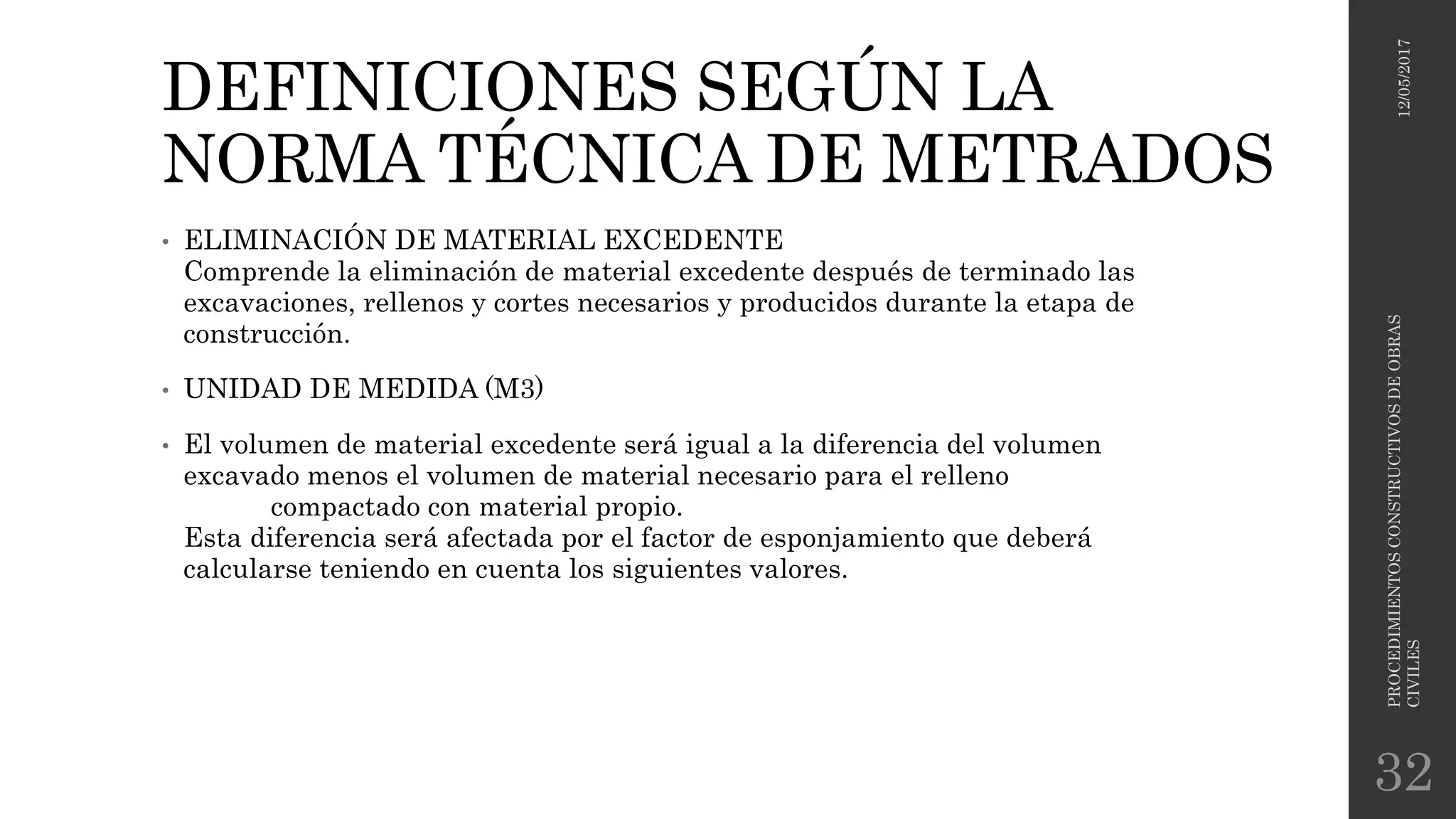 DEFINICIONES SEGÚN LA
NORMA TÉCNICA DE METRADOS
• ELIMINACIÓN DE MATERIAL EXCEDENTE
Comprende la eliminación de material excedente después de terminado las
excavaciones, rellenos y cortes necesarios y producidos durante la etapa de
construcción.
• UNIDAD DE MEDIDA (M3)
• El volumen de material excedente será igual a la diferencia del volumen
excavado menos el volumen de material necesario para el relleno
compactado con material propio.
Esta diferencia será afectada por el factor de esponjamiento que deberá
calcularse teniendo en cuenta los siguientes valores.
12/05/2017
PROCEDIMIENTOSCONSTRUCTIVOSDEOBRAS
CIVILES
32
 