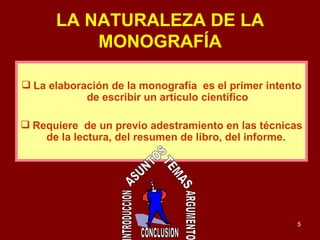 LA NATURALEZA DE LA MONOGRAFÍA La elaboración de la monografía  es el primer intento de escribir un artículo científico Requiere  de un previo adestramiento en las técnicas de la lectura, del resumen de libro, del informe.  ASUNTOS TEMAS CONCLUSION INTRODUCCION ARGUMENTO 