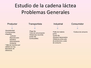 Estudio de la cadena láctea
Problemas Generales
Productor Transportista Industrial Consumidor
•Asosiatividad
•Componentes
integrales
nutrición
Reproducción
Genética
Administración
Ambiente
• falta de incentivo por
calidad (no hay
laboratorio de
referencia.
•Pago fijo
•Vías de comunicación
•Distancias recorrida
(costo del
Combustible)
•Falta de materia
prima
•Costo fijo
•Equipos depreciados
•Distancia entre polo
de produccion y polo
de consumo
•Cultura de consumo
 