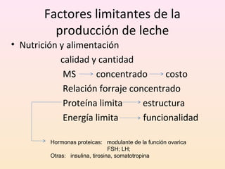 Factores limitantes de la
producción de leche
• Nutrición y alimentación
calidad y cantidad
MS concentrado costo
Relación forraje concentrado
Proteína limita estructura
Energía limita funcionalidad
Hormonas proteicas: modulante de la función ovarica
FSH; LH;
Otras: insulina, tirosina, somatotropina
 