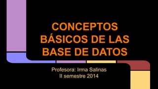CONCEPTOS 
BÁSICOS DE LAS 
BASE DE DATOS 
Profesora: Irma Salinas 
II semestre 2014 
 