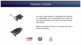 TARJETAS / PLACAS
Las placas bases ofrecen la posibilidad de expandir
las capacidades de la computadora por medio de
unas ranuras (SLOT) en las cuales se pueden insertar
otras placas.
Algunos ejemplos de estas son las placas de audio y
las placas de video
 