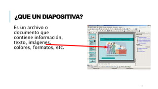¿QUE UN DIAPOSITIVA?
Es un archivo o
documento que
contiene información,
texto, imágenes,
colores, formatos, etc.
3