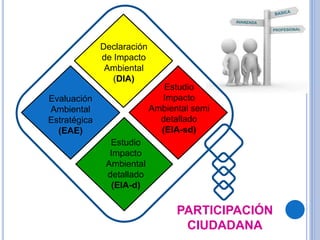 Declaración
de Impacto
Ambiental
(DIA)
Estudio
Impacto
Ambiental semi
detallado
(EIA-sd)
Estudio
Impacto
Ambiental
detallado
(EIA-d)
Evaluación
Ambiental
Estratégica
(EAE)
PARTICIPACIÓN
CIUDADANA
 
