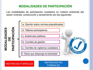 MODALIDADES DE PARTICIPACIÓN
Las modalidades de participación ciudadana en materia ambiental del
sector vivienda, construcción y saneamiento son las siguientes:
f. Otras que disponga la Autoridad
a. Opinión sobre normas prepublicadas
b. Talleres participativos
c. Audiencias públicas
d. Comités de gestión
e. Comités de vigilancia ciudadana
MODALIDADES
DE
PARTICIPACIÓN
INSTANCIAS FORMALES
INSTANCIAS NO
FORMALES
 