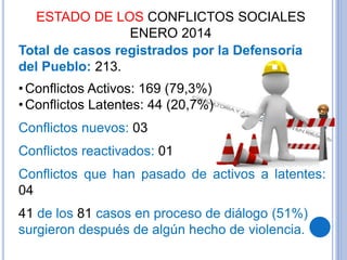 ESTADO DE LOS CONFLICTOS SOCIALES
ENERO 2014
Total de casos registrados por la Defensoría
del Pueblo: 213.
•Conflictos Activos: 169 (79,3%)
•Conflictos Latentes: 44 (20,7%)
Conflictos nuevos: 03
Conflictos reactivados: 01
Conflictos que han pasado de activos a latentes:
04
41 de los 81 casos en proceso de diálogo (51%)
surgieron después de algún hecho de violencia.
 