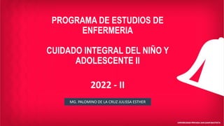PROGRAMA DE ESTUDIOS DE
ENFERMERIA
CUIDADO INTEGRAL DEL NIÑO Y
ADOLESCENTE II
2022 - II
MG. PALOMINO DE LA CRUZ JULISSA ESTHER
 