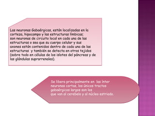Las neuronas Gabaérgicas, están localizadas en la
corteza, hipocampo y las estructuras límbicas;
son neuronas de circuito local en cada una de las
estructuras o sea que su cuerpo celular y sus
axones están contenidos dentro de cada una de las
estructuras y también se detecta en otros tejidos
(sobre todo en células de los islotes del páncreas y de
las glándulas suprarrenales).




                          Se libera principalmente en las ínter
                          neuronas cortas, los únicos tractos
                          gabaérgicos largos son los
                          que van al cerebelo y al núcleo estriado.
 