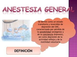 Se define como un estado
               transitorio y reversible de
                   depresión del SNC,
             caracterizado por pérdida de
              la sensibilidad (analgesia) y
              de la conciencia (hipnosis),
                así como depresión de la
                actividad refleja y de la
                  motilidad voluntaria



DEFINICIÓN
 