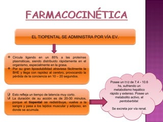 EL TIOPENTAL SE ADMINISTRA POR VÍA EV.



 Circula ligando en un 85% a las proteínas
  plasmáticas, siendo distribuido rápidamente en el
  organismo, especialmente en la grasa.
 Por su gran liposolubilidad atraviesa fácilmente la
  BHE y llega con rapidez al cerebro, provocando la
  pérdida de la conciencia en 10 – 20 segundos.
                                                        Posee un t1/2 de 7.4 - 10.6
                                                             hs, sufriendo un
                                                           metabolismo hepático
 Esto refleja un tiempo de latencia muy corto.         rápido y extenso. Posee un
 La duración de su acción es de 20-30 minutos,             metabolito activo, el
  porque el tiopental se redistribuye, vuelve a la             pentobarbital.
  sangre y pasa a los tejidos muscular y adiposo, en
  donde se acumula.                                      Se excreta por vía renal.
 