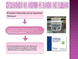 El alcohol interactúa con los siguientes
fármacos:




La fenotiazinas, antidepresivos triciclitos, y
sedantes hipnóticos.,antihistamínicos.
inhibiendo su metabolismo.




El alcohol también potencia los efectos de
muchos fármacos no sedantes, incluyendo
vasodilatadores e hipoglicemiantes orales
 