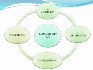 A:
                 ABSORCIÓN




               FARMACOCINET           B.
D: EXCRECIÓN                    DISTRIBUCIÓN
                    ICA




               C: METABOLISMO
 