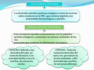 ANALGESICOS OPIOIDES


     Los alcaloides opioides producen analgesia a través de acciones
         sobre receptores en el SNC, que contiene péptidos con
                 propiedades farmacológicas a opioides.


                   SISTEMA OPIOIDE ENDÓGENO

     Estos receptores opioides conjuntamente con los péptidos
     opioides endógenos, constituyen un sistema modulador de las
     vías
     sensoriales que conducen la información nociceptiva.


OPIÁCEO: Referido a los                      OPIOIDE: Todas las
  derivados del opio, así                  sustancias derivadas del
 como los fármacos. Con                    opio o no, que ejercen su
actividad similar o no a la                acción uniéndose a RO.
  morfina, de estructura                   Actividad tipo morfina ,
         similar.                           de estructura diferente.
 