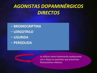 AGONISTAS DOPAMINÉRGICOS
         DIRECTOS

– BROMOCRIPTINA
– LERGOTRILO
– LISURIDA
– PERGOLIDA


              se utilizan como tratamiento coadyuvante
              con L-Dopa en pacientes que presentan
              fluctuaciones motoras.
 