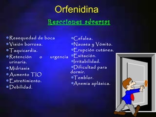 Orfenidina
               Reacciones adversas

Resequedad de boca       Cefalea.
Visión borrosa.          Nausea y Vómito.
Taquicardia.             Erupción cutánea.
Retención    o  urgencia Exitación.
urinaria.                Irritabilidad.
Midriasis                Dificultad para
                        dormir.
Aumento TIO
                         Temblor.
Estreñimiento.
                         Anemia aplásica.
Debilidad.
 