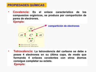 PROPIEDADES QUÍMICAS

•   Covalencia:    Es el enlace característico de los
    compuestos orgánicos, se produce por compartición de
    pares de electrones.
    Ejemplo:
                             compartición de electrones




•   Tetravalencia: La tetravalencia del carbono se debe a
    posee 4 electrones en su última capa, de modo que
    formando 4 enlaces covalentes con otros átomos
    consigue completar su octeto.
     Ejemplo:
 