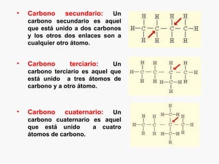 •   Carbono     secundario:    Un
    carbono secundario es aquel
    que está unido a dos carbonos
    y los otros dos enlaces son a
    cualquier otro átomo.


•   Carbono      terciario:     Un
    carbono terciario es aquel que
    está unido a tres átomos de
    carbono y a otro átomo.



•   Carbono    cuaternario:  Un
    carbono cuaternario es aquel
    que está unido      a cuatro
    átomos de carbono.
 