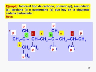 Ejemplo: Indica el tipo de carbono, primario (p), secundario
(s), terciario (t) o cuaternario (c) que hay en la siguiente
cadena carbonada:
Rpta:


            p                    p
  •   p     CH3         s
                                CH3 s                 p
            | c    t           c|              t
      CH3–C – CH–CH2 – C – CH2 –CH–CH3
          s |     |              |                |
            CH2 CH3            CH3
                                p
                                            CH3
                  p                           p
            |
            CH3
            p


                                                          16
 