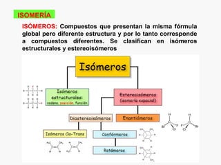 ISOMERÍA
 ISÓMEROS: Compuestos que presentan la misma fórmula
 global pero diferente estructura y por lo tanto corresponde
 a compuestos diferentes. Se clasifican en isómeros
 estructurales y estereoisómeros
 