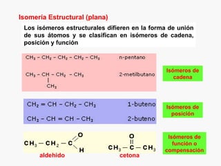 Isomería Estructural (plana)
 Los isómeros estructurales difieren en la forma de unión
 de sus átomos y se clasifican en isómeros de cadena,
 posición y función



                                                Isómeros de
                                                   cadena




                                                Isómeros de
                                                  posición



                                                Isómeros de
                                                  función o
                                               compensación
      aldehido                  cetona
 