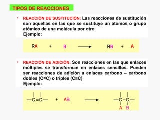 TIPOS DE REACCIONES
 •   REACCIÓN DE SUSTITUCIÓN: Las reacciones de sustitución
     son aquellas en las que se sustituye un átomos o grupo
     atómico de una molécula por otro.
     Ejemplo:




 •   REACCIÓN DE ADICIÓN: Son reacciones en las que enlaces
     múltiples se transforman en enlaces sencillos. Pueden
     ser reacciones de adición a enlaces carbono – carbono
     dobles (C=C) o triples (C≡C)
     Ejemplo:
 