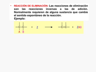 •   REACCIÓN DE ELIMINACIÓN: Las reacciones de eliminación
    son las reacciones inversas a las de adición.
    Normalmente requieren de alguna sustancia que cambie
    el sentido espontáneo de la reacción.
    Ejemplo:
 