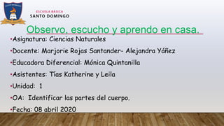 •Asignatura: Ciencias Naturales
•Docente: Marjorie Rojas Santander- Alejandra Yáñez
•Educadora Diferencial: Mónica Quintanilla
•Asistentes: Tías Katherine y Leila
•Unidad: 1
•OA: Identificar las partes del cuerpo.
•Fecha: 08 abril 2020
Observo, escucho y aprendo en casa.
 