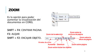 ZOOM
Es la opción para poder
aumentar la visualización del
documentos en COREL
SHIFT + F4: CENTRAR PAGINA
F3: ALEJAR
SHIFT + F2: ENCAJAR OBJETO.
10
 