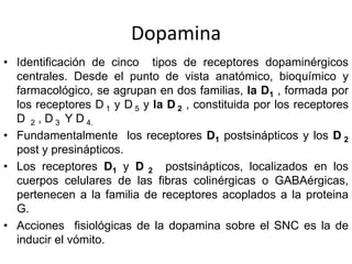 Dopamina
• Identificación de cinco tipos de receptores dopaminérgicos
  centrales. Desde el punto de vista anatómico, bioquímico y
  farmacológico, se agrupan en dos familias, la D1 , formada por
  los receptores D 1 y D 5 y la D 2 , constituida por los receptores
  D 2 , D 3 Y D 4.
• Fundamentalmente los receptores D1 postsinápticos y los D 2
  post y presinápticos.
• Los receptores D1 y D 2 postsinápticos, localizados en los
  cuerpos celulares de las fibras colinérgicas o GABAérgicas,
  pertenecen a la familia de receptores acoplados a la proteina
  G.
• Acciones fisiológicas de la dopamina sobre el SNC es la de
  inducir el vómito.
 
