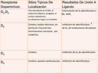 Receptores    Sitios Típicos De                    Resultados De Unión A
Dopaminícos   Localización                         Ligando
              más abundante en el SNC, el          Estimulación de la adenililciclasa e
D1,D5         tubérculo olfatorio, amígdala, el    de AMPc
              núcleo subtalámico,
              la substancia negra y el cerebelo.

              Cerebro, tejidos efectores, en       Inhibición de adenililciclasa;
D2
              particular músculo liso;             de D3 de conductancia de potasio.
              terminaciones nerviosas pre
              sinápticas.




              Cerebro.                             Inhibición de D4 de adenililciclasa
D3
              Cerebro, aparato cardiovascular. Inhibición de adenililciclasa.
D4
 