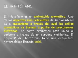 EL TRIPTÓFANO
El triptófano es un aminoácido aromático. Uno
de los aspectos más relevantes de su biosíntesis
es el mecanismo a través del cual los anillos
aromáticos se forman a partir de precursores
alifáticos. La parte aromática está unida al
carbono a través de un carbono metilénico. El
grupo R del triptófano tiene una estructura
heterocíclica llamada indol.
 