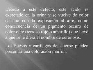 Debido a este defecto, este ácido es
excretado en la orina y se vuelve de color
castaño con la exposición al aire, como
consecuencia de un pigmento oscuro de
color ocre (terroso rojo o amarillo) que llevó
a que se le diera el nombre de ocronosis.
Los huesos y cartílagos del cuerpo pueden
presentar una coloración marrón.
 