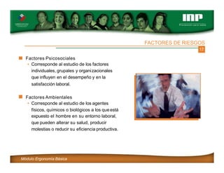 17
FACTORES DE RIESGOS
Factores Psicosociales
• Corresponde al estudio de los factores
individuales, grupales y organizacionales
que influyen en el desempeño y en la
satisfacción laboral.
Factores Ambientales
• Corresponde al estudio de los agentes
físicos, químicos o biológicos a los queestá
expuesto el hombre en su entorno laboral,
que pueden alterar su salud, producir
molestias o reducir su eficiencia productiva.
Módulo Ergonomía Básica
 