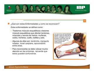 23
¿Qué son estas Enfermedades y como se reconocen?
Estas enfermedades se definen como:
• Trastornos músculo esqueléticos o lesiones
músculo esqueléticas que afectan tendones,
músculos y nervios de manos, muñecas,
codos, hombros, cuello, rodillas y pies.
• Algunas de ellas son: tendinitis, manguito
rotador, túnel carpiano, epicondilitis
entre otras.
• Para reconocerlas se debe colocar mucha
atención en los síntomas, recuerde que
estos pueden confundirse.
Módulo Ergonomía Básica
 