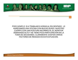 24
POR EJEMPLO: SI A TRABAJAR 8 HORAS AL DÍA SENTADO, LE
AGREGAMOS UNA OFICINA CON MUCHO RUIDO, NUESTRO
CUERPO CON UNA POSTURA INCORRECTA, EL MONITOR
DEMASIADO ALTO Y SE TIENE POCA PARTICIPACIÓN EN LA
TOMA DE DECISIONES. CLARAMENTE EXISTEN VARIOS
FACTORES DE RIESGOS EN ESTA SITUACIÓN.
Módulo Ergonomía Básica
 