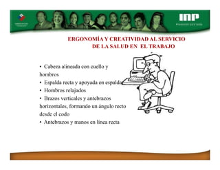 ERGONOMÍA Y CREATIVIDAD AL SERVICIO
DE LA SALUD EN EL TRABAJO
• Cabeza alineada con cuello y
hombros
• Espalda recta y apoyada en espaldar
• Hombros relajados
• Brazos verticales y antebrazos
horizontales, formando un ángulo recto
desde el codo
• Antebrazos y manos en línea recta
 